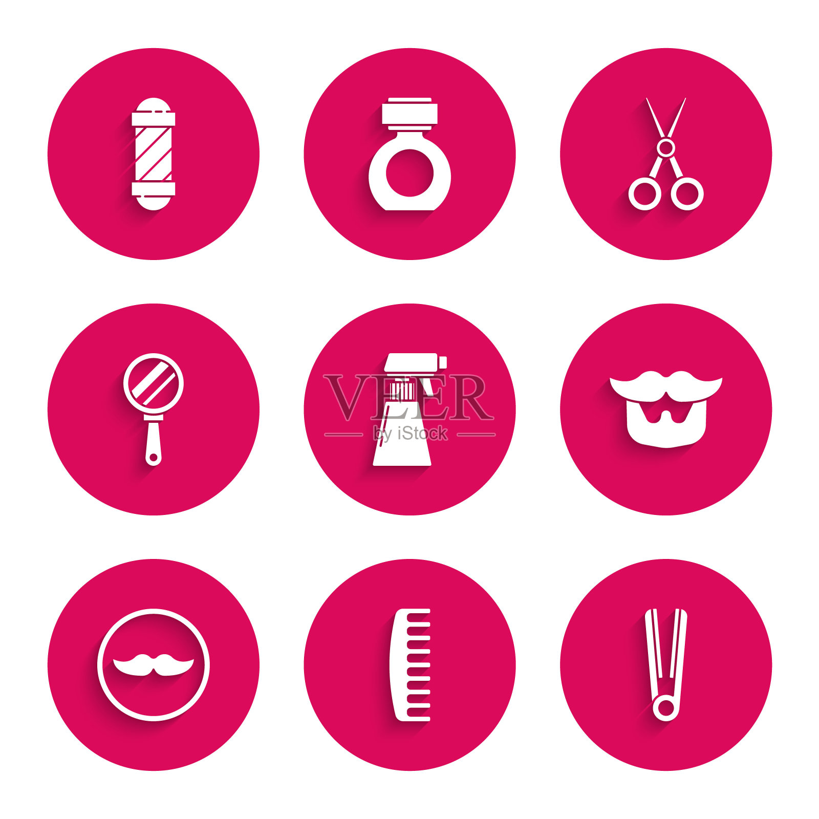 集理发师手枪喷雾瓶，发刷，卷发器的头发，胡子和胡子，手镜，剪刀理发师和经典理发店杆子图标。向量插画图片素材