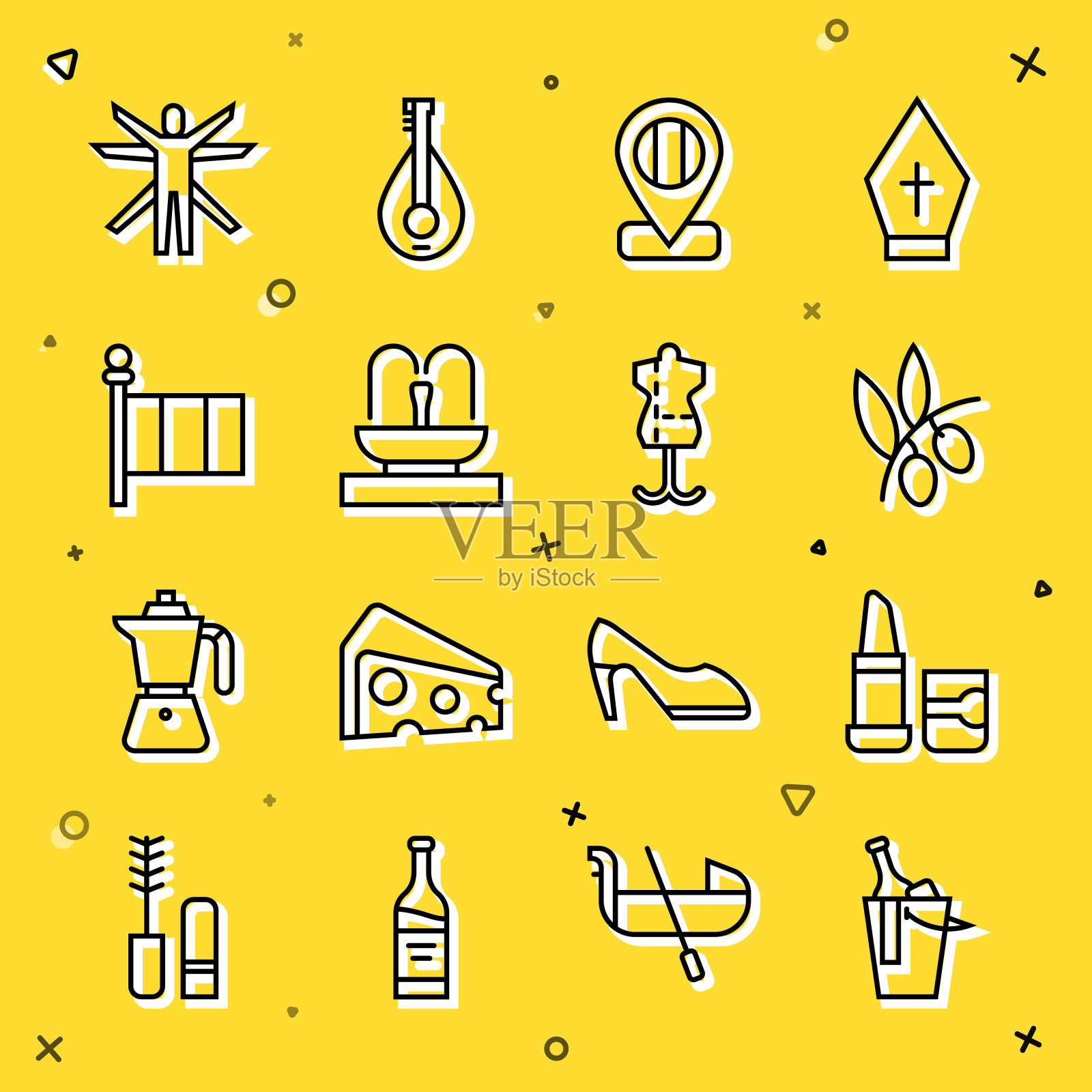 集线瓶酒在桶，口红，橄榄枝，位置旗帜意大利，喷泉，旗帜，维特鲁威人和人体模型图标。向量插画图片素材