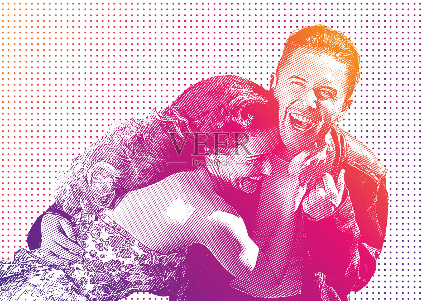 顽皮的复古夫妇拥抱和笑插画图片素材