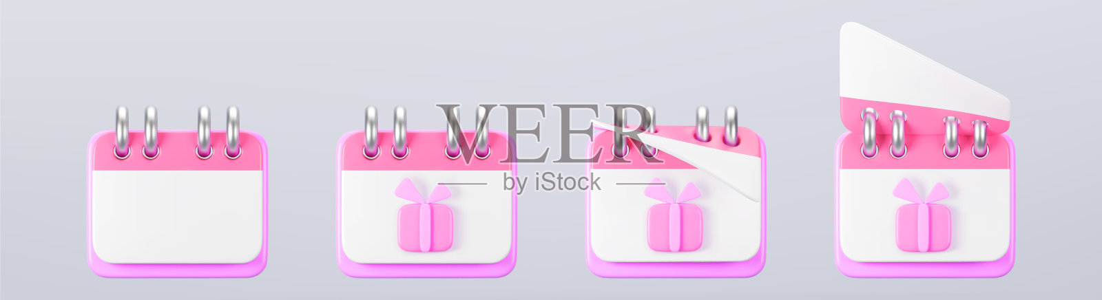 3d粉红色日历与礼盒图标在灰色背景。绘制每日生日活动日程计划，婚礼当天。节礼日销售和保存日期的概念。三维卡通简单的矢量插图插画图片素材