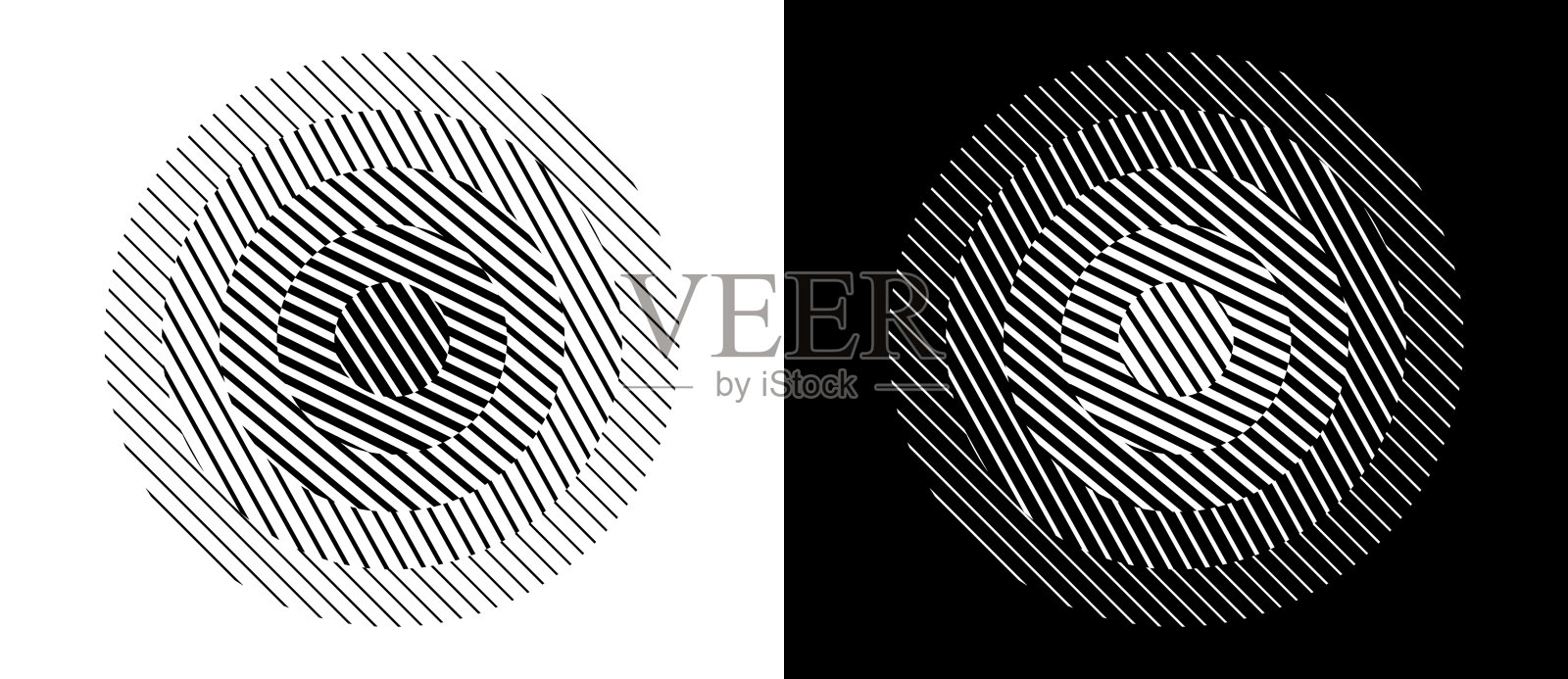 在圆中过渡平行线。抽象艺术几何背景的标志，图标，纹身。黑色的形状在白色的背景和相同的白色形状在黑色的一面。插画图片素材