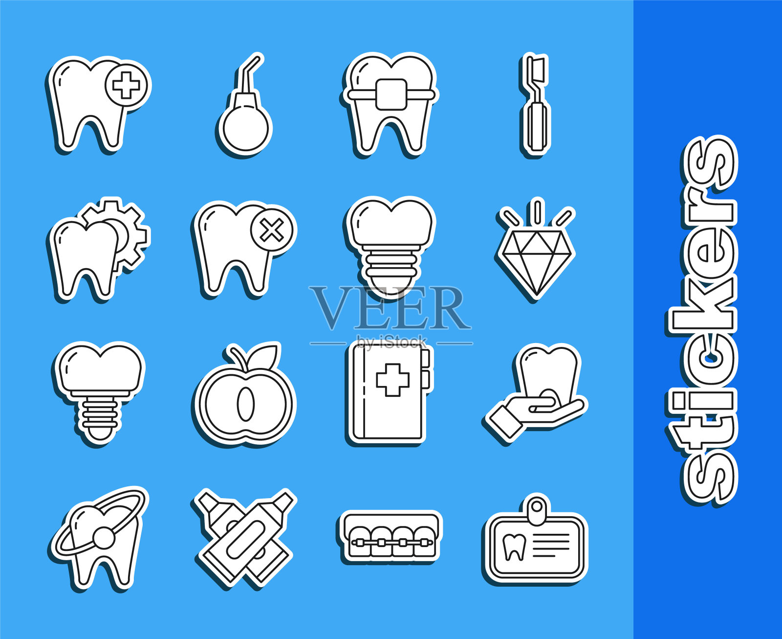 设置线身份证与牙齿，牙齿，钻石牙，牙套，龋齿，治疗程序，和牙齿种植图标。向量插画图片素材