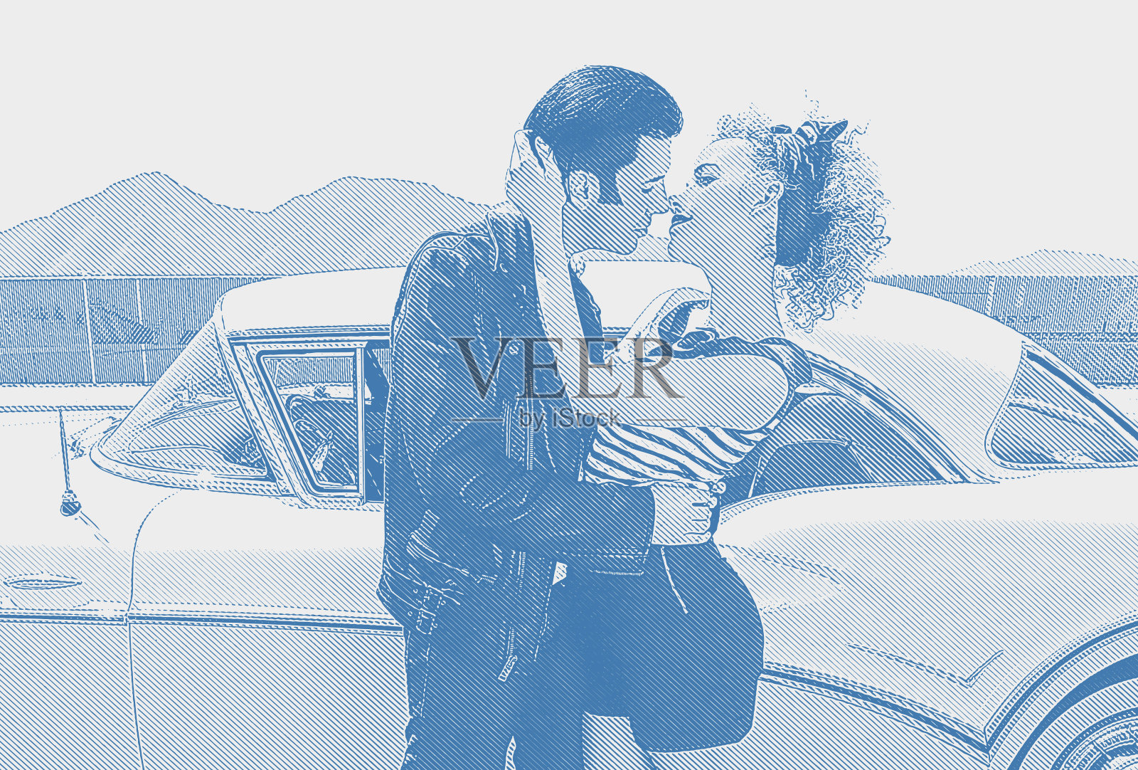 浪漫复古情侣接吻插画图片素材