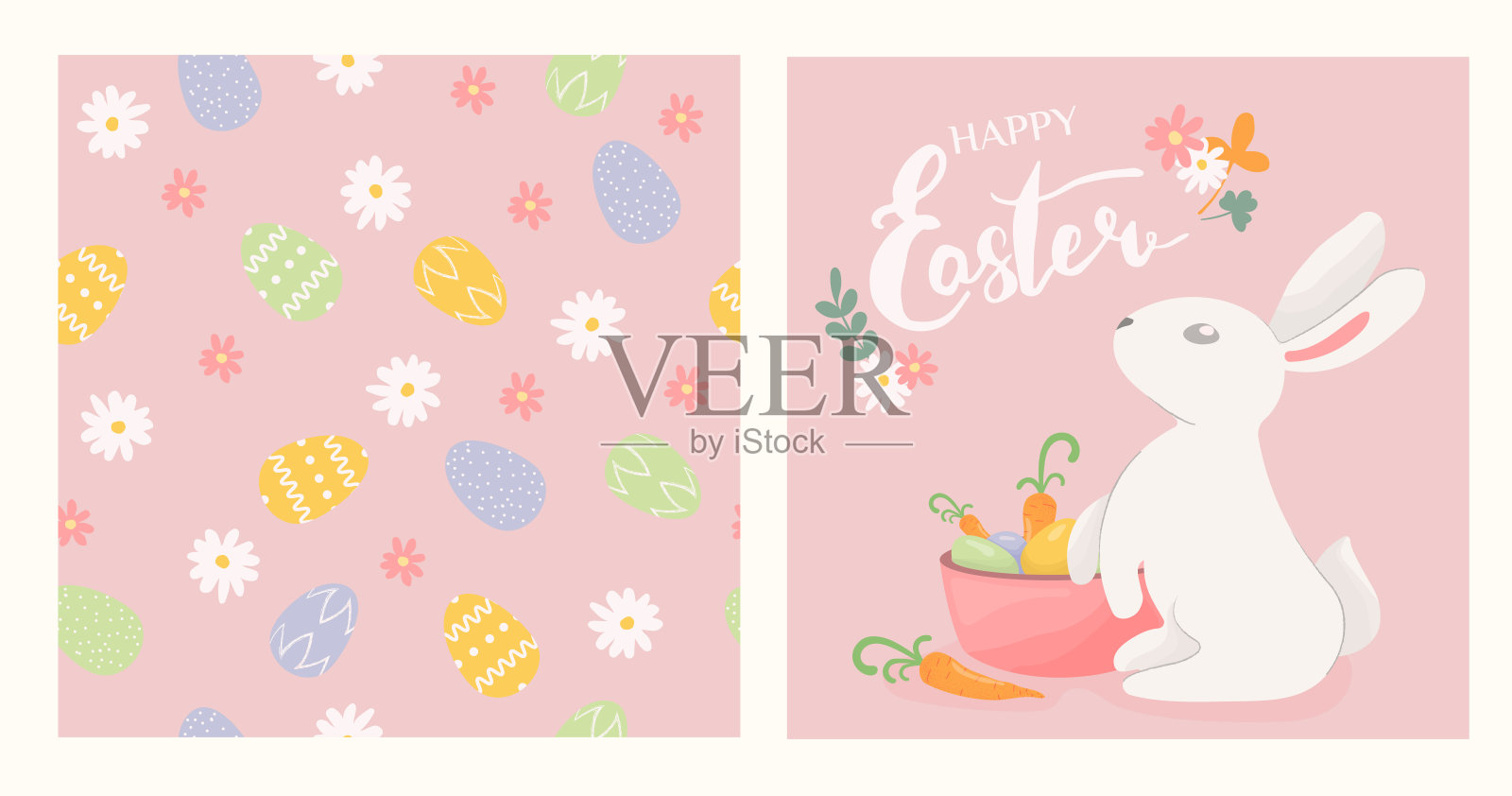 无缝图案与复活节彩蛋和花朵在粉红色的背景。复活节兔子坐在复活节彩蛋和胡萝卜在粉红色的背景。矢量插图设置在平面风格。样板图案。插画图片素材