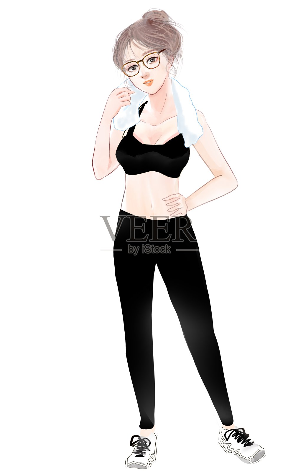 一个美女的全身插图，理想的模特身材在训练后擦汗。插画图片素材