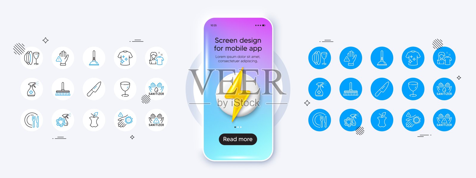 医疗清洁，清洁拖把和洗手液线图标。对于web应用程序，打印矢量插画图片素材