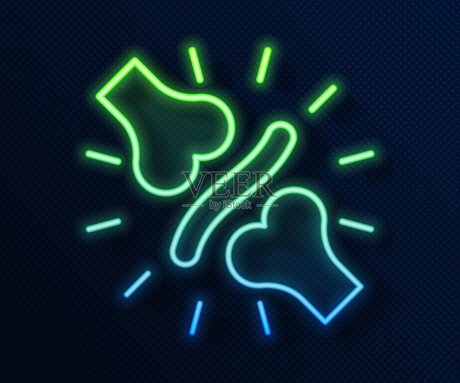 发光的霓虹灯线关节疼痛，膝盖疼痛图标隔离在蓝色背景。骨科医疗。关节和骨骼疾病，关节炎。向量插画图片素材