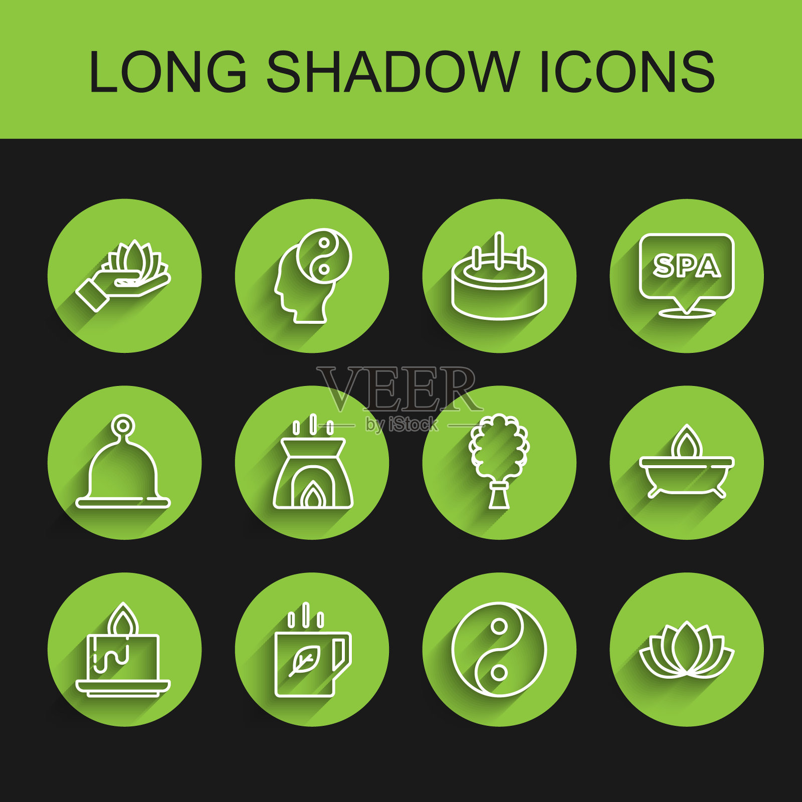 集香薰蜡烛，茶杯，莲花，阴阳，桑拿扫帚图标。向量插画图片素材