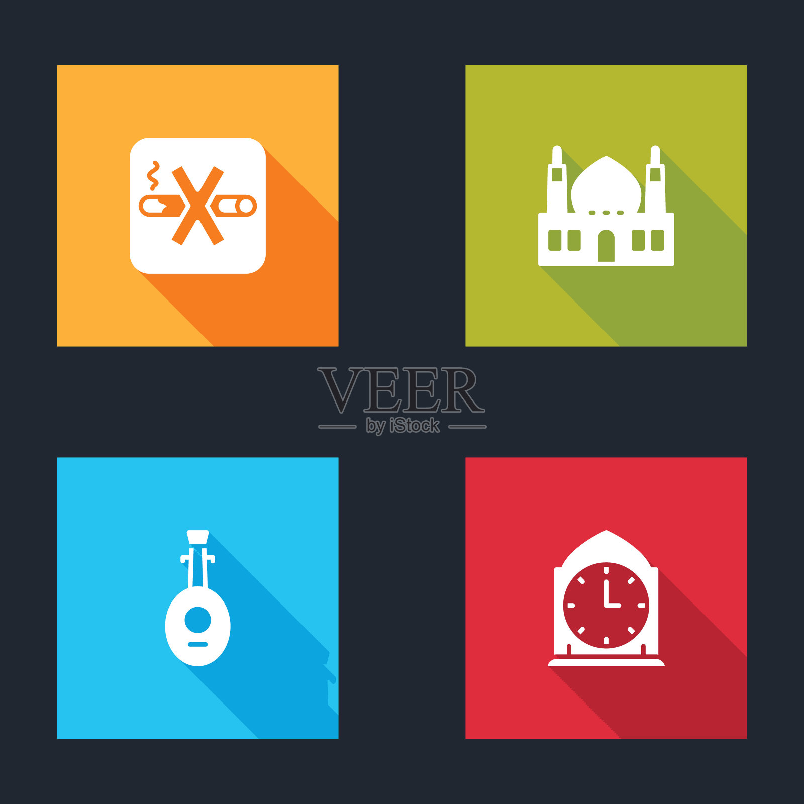 设置禁止吸烟，穆斯林清真寺，琵琶和时钟图标。向量插画图片素材