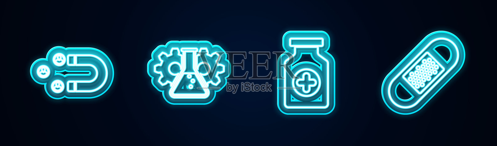 集客户吸引，生物工程，药瓶，绷带石膏。发光的霓虹灯图标。向量插画图片素材