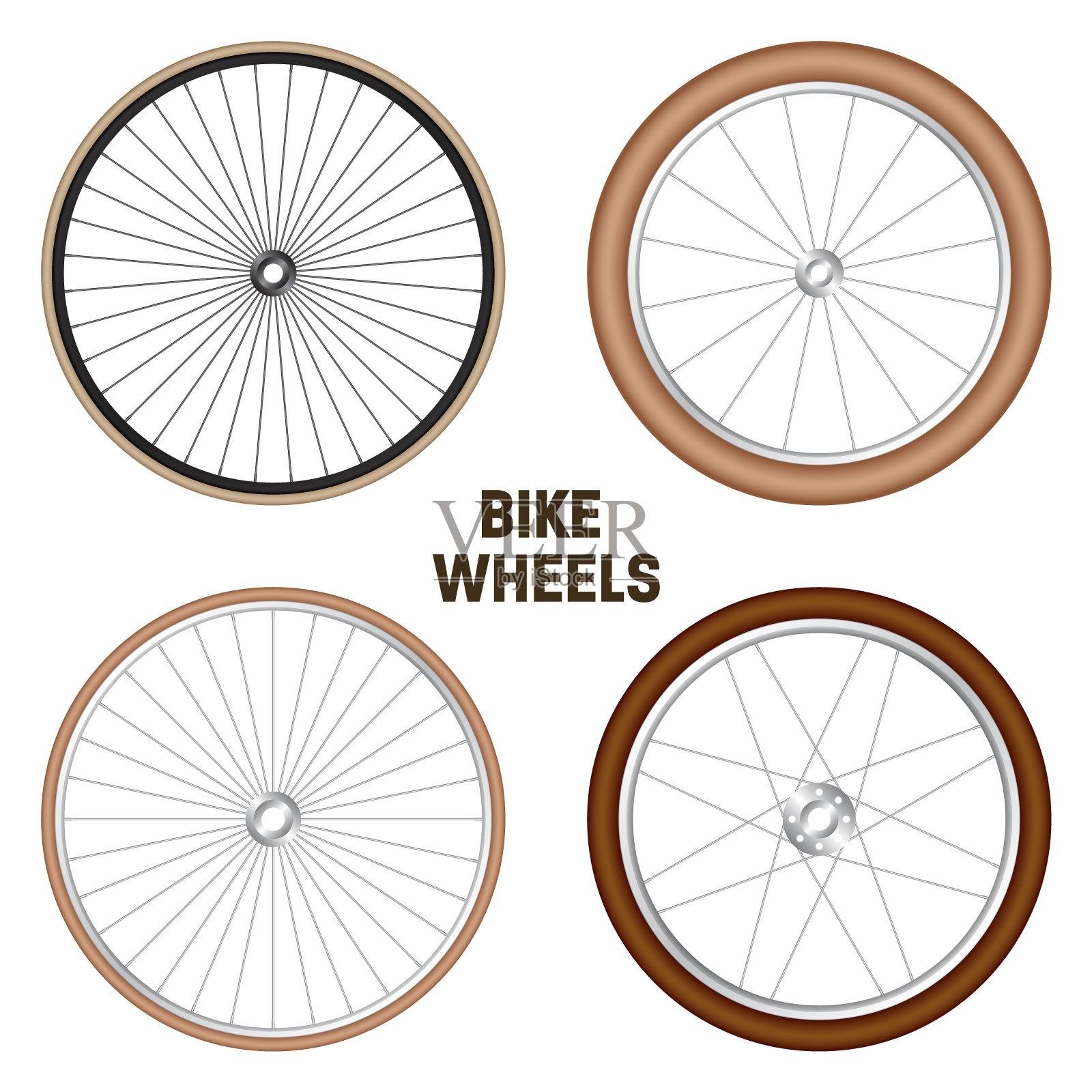 逼真的3d复古自行车车轮。老式自行车橡胶轮胎，闪亮的金属辐条和轮辋。健身自行车，旅游，运动，公路和山地自行车。矢量图插画图片素材