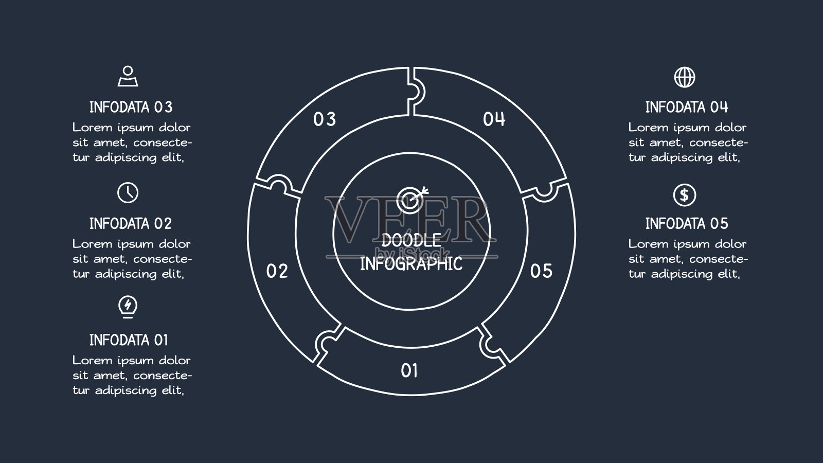 涂鸦信息图表元素与5个选项。模板的网页在一个黑暗的背景。插画图片素材