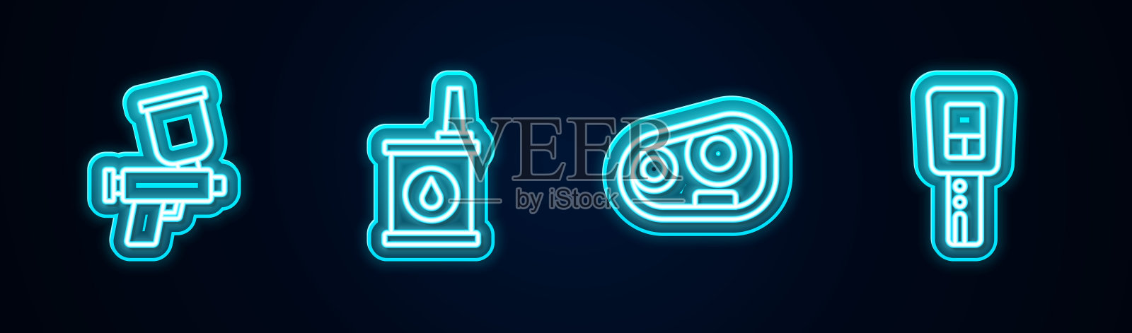 设喷漆枪、机油罐、车灯、遥控钥匙。发光的霓虹灯图标。向量插画图片素材