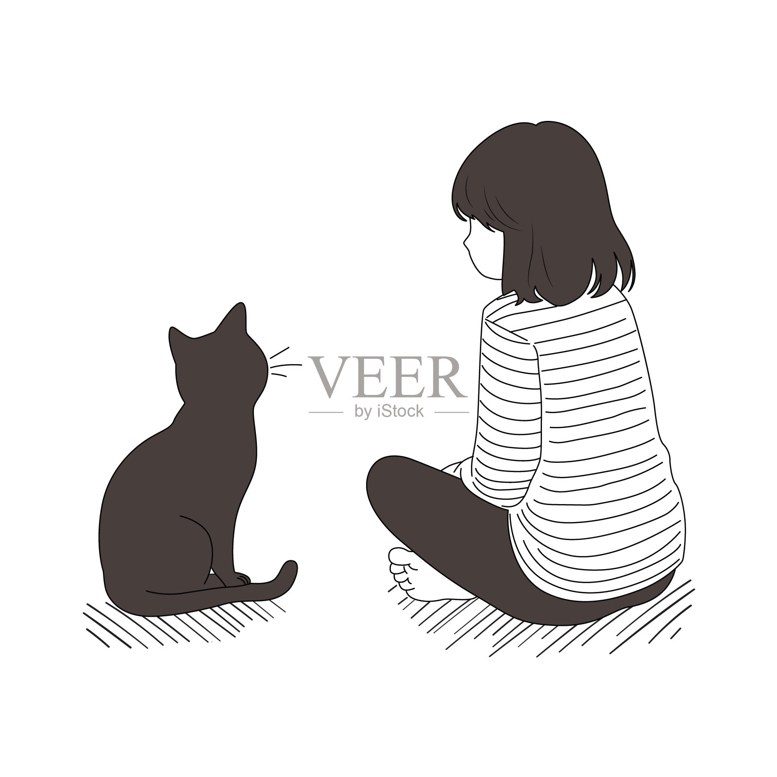 女孩和猫是手绘的朋友，猫宠物主人，女孩和猫插画图片素材