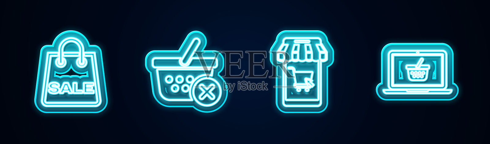 设置线购物袋与销售，删除购物篮，手机和手推车和笔记本电脑。发光的霓虹灯图标。向量插画图片素材