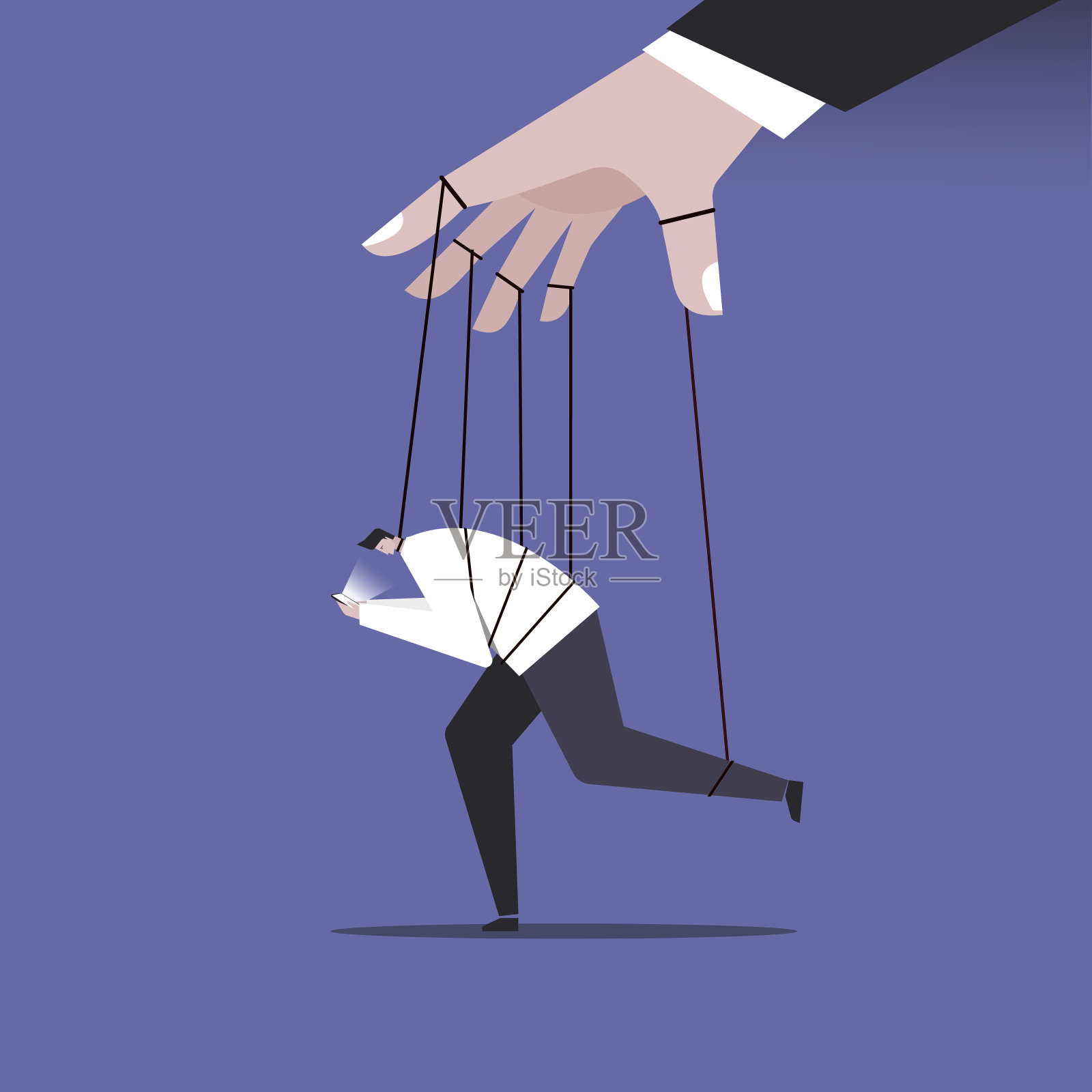 一只大手控制着一个拿着手机的人的概念插图插画图片素材