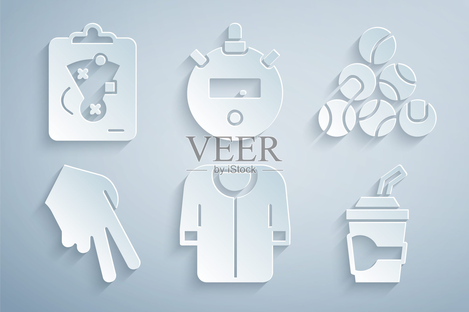 集棒球t恤，手套，纸玻璃与水，秒表和规划战略图标。向量插画图片素材