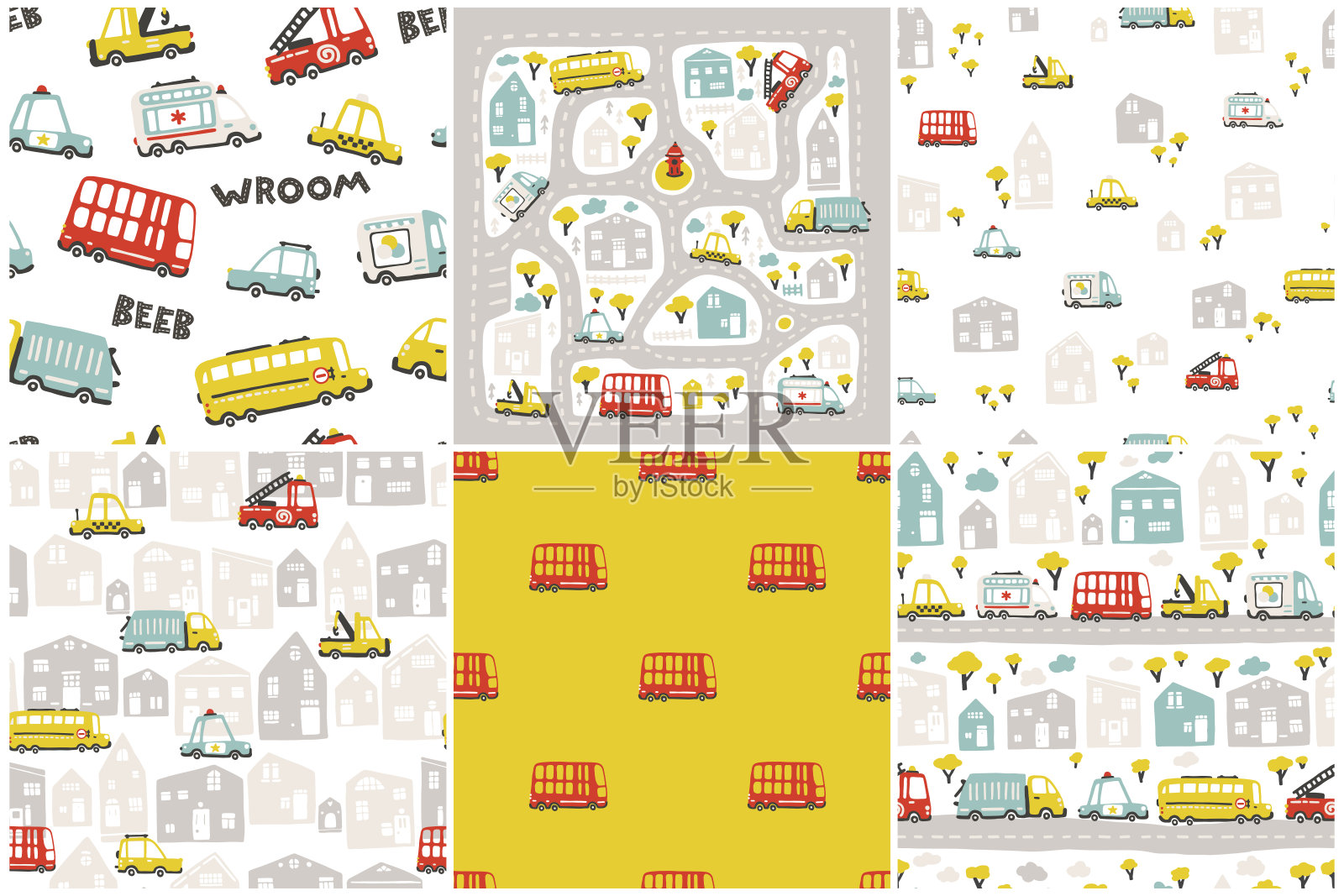 道路和汽车。用于婴儿纺织品、织物或包装的一整套图案。矢量无缝背景与简单的手绘涂鸦插图可爱的卡通斯堪的纳维亚风格插画图片素材