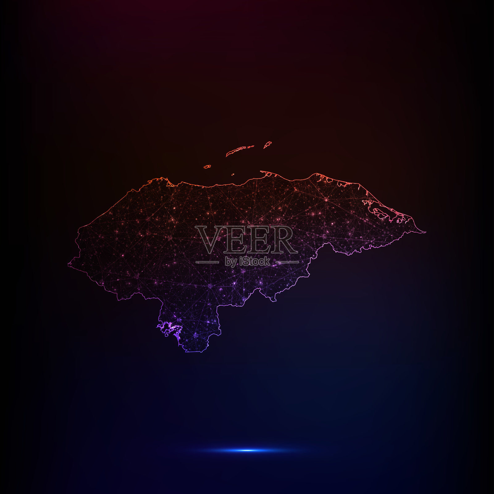 洪都拉斯地图轮廓与星星和线条多色抽象框架。未来的低多边形，线框，线和点设计在黑暗的背景插画图片素材