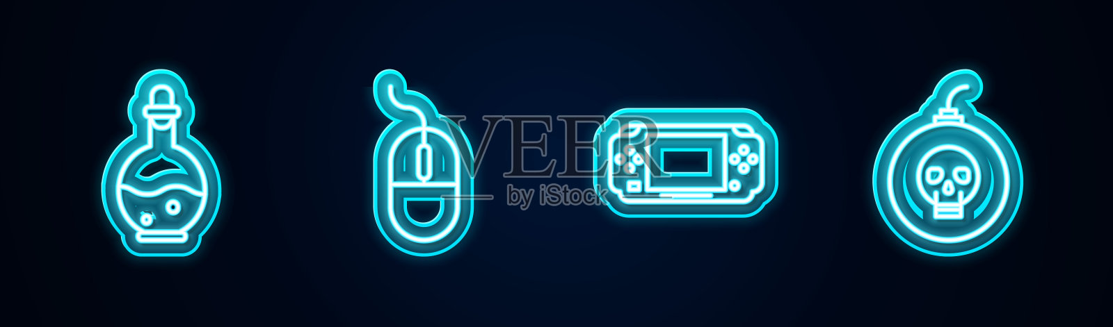 设置线瓶神奇的长生不老药，电脑鼠标，便携式视频游戏机和炸弹准备爆炸。发光的霓虹灯图标。向量插画图片素材