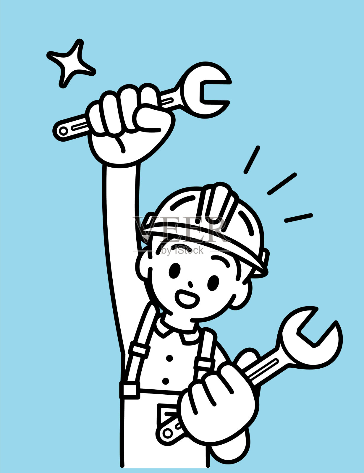 一个男孩戴着安全帽，穿着带背带或背带的工作服，高兴地拿着两个扳手，看着观众，一个简单的线条画或建筑工人或建筑工人的图标插画图片素材