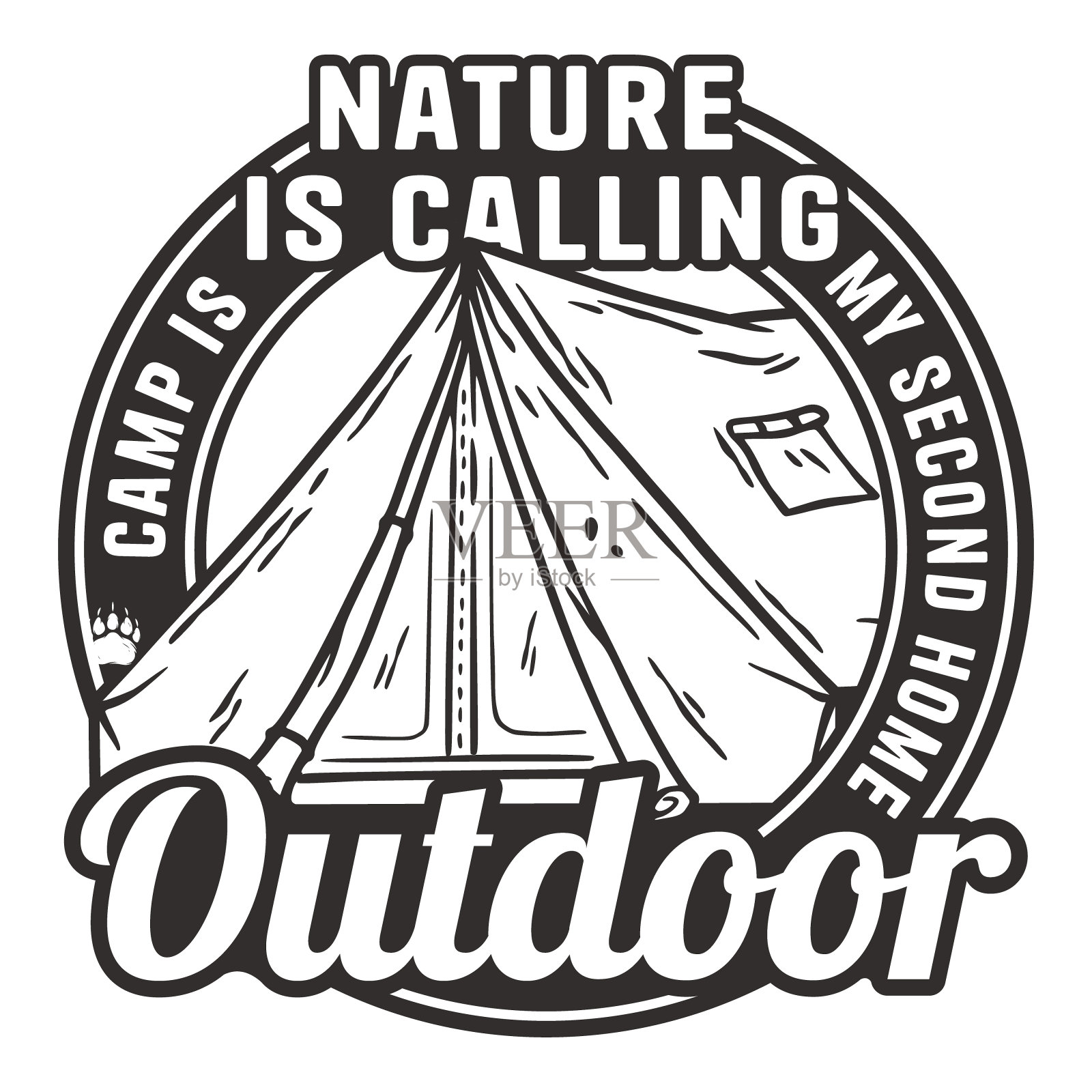 线条艺术徽章以露营为主题，以山脉为轮廓，象征着大自然爱好者和徒步旅行者对野外生活的呼唤和户外生活的乐趣插画图片素材