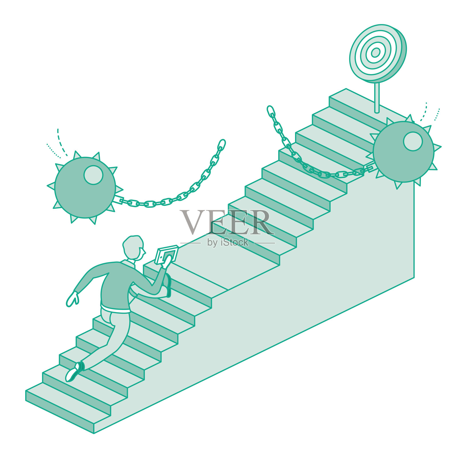 一个人跑上楼梯。克服业务障碍。成功路上的障碍。成功的等距概念，紧迫性和决心。攀登成功阶梯的商人。插画图片素材