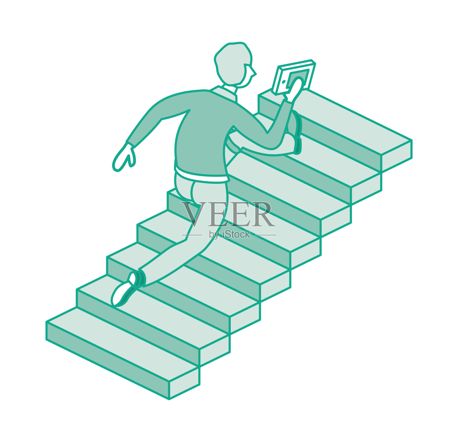 一个人跑上楼梯。他手里拿着一本书。成功的等距概念，紧迫性和决心。攀登成功阶梯的商人。轮廓的概念。矢量插图。插画图片素材