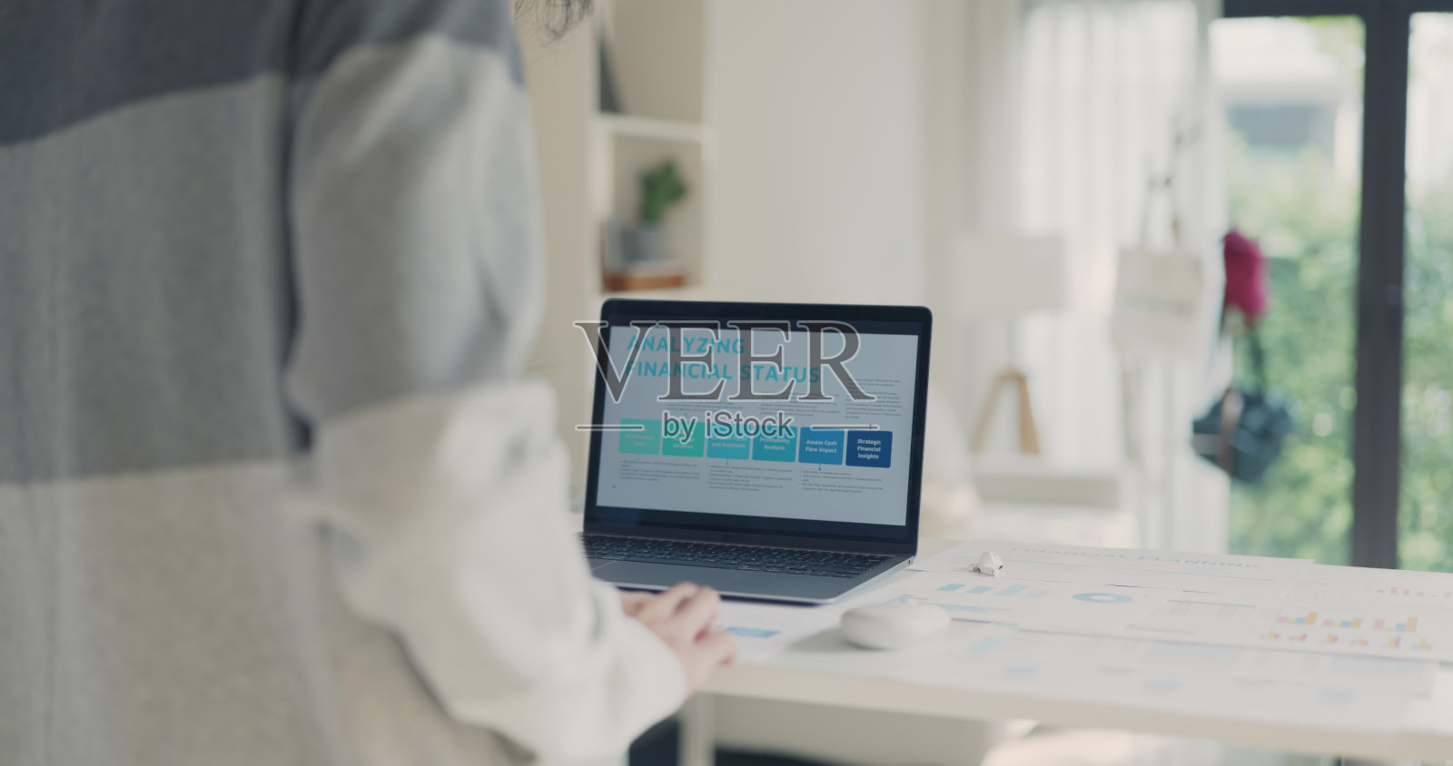 专业人员在笔记本电脑屏幕上查看财务状况。照片摄影图片