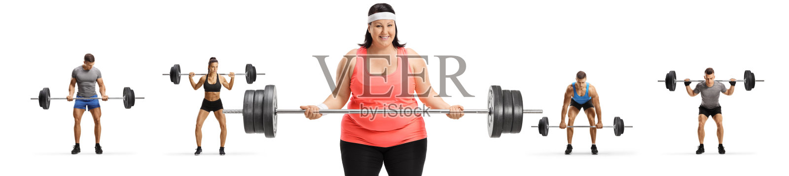 吊重物的女人和其他哑铃的人照片摄影图片