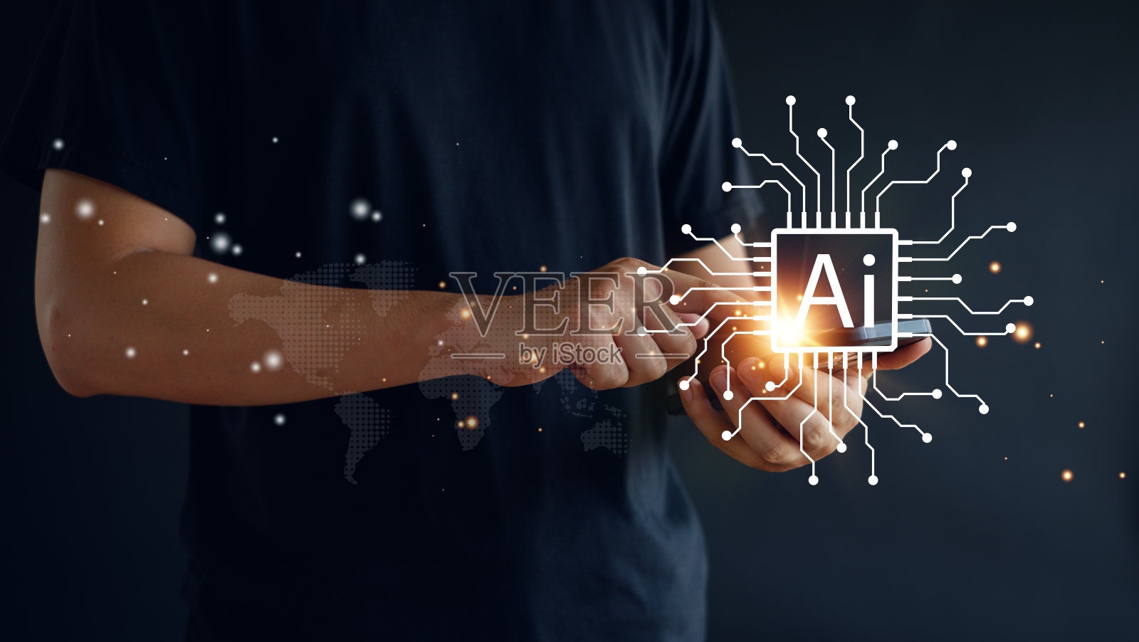 人工智能技术，人类使用智能手机技术，人工智能通过输入命令提示符生成一些东西，与人工智能聊天。照片摄影图片