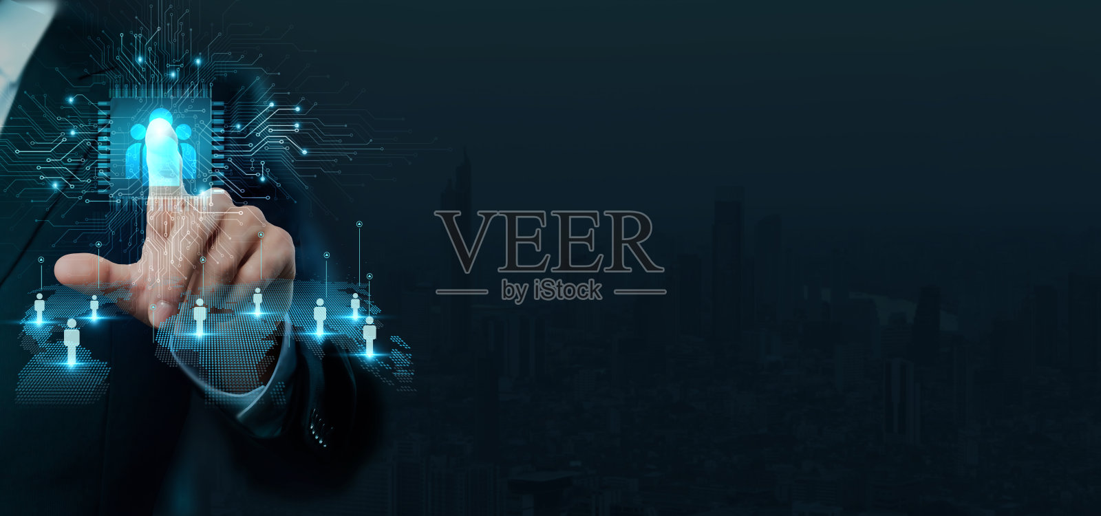 商人在人才获取和员工管理策略、优化工作流程和提高组织效率方面触及了现代人力资源(HR)的大脑工作。照片摄影图片