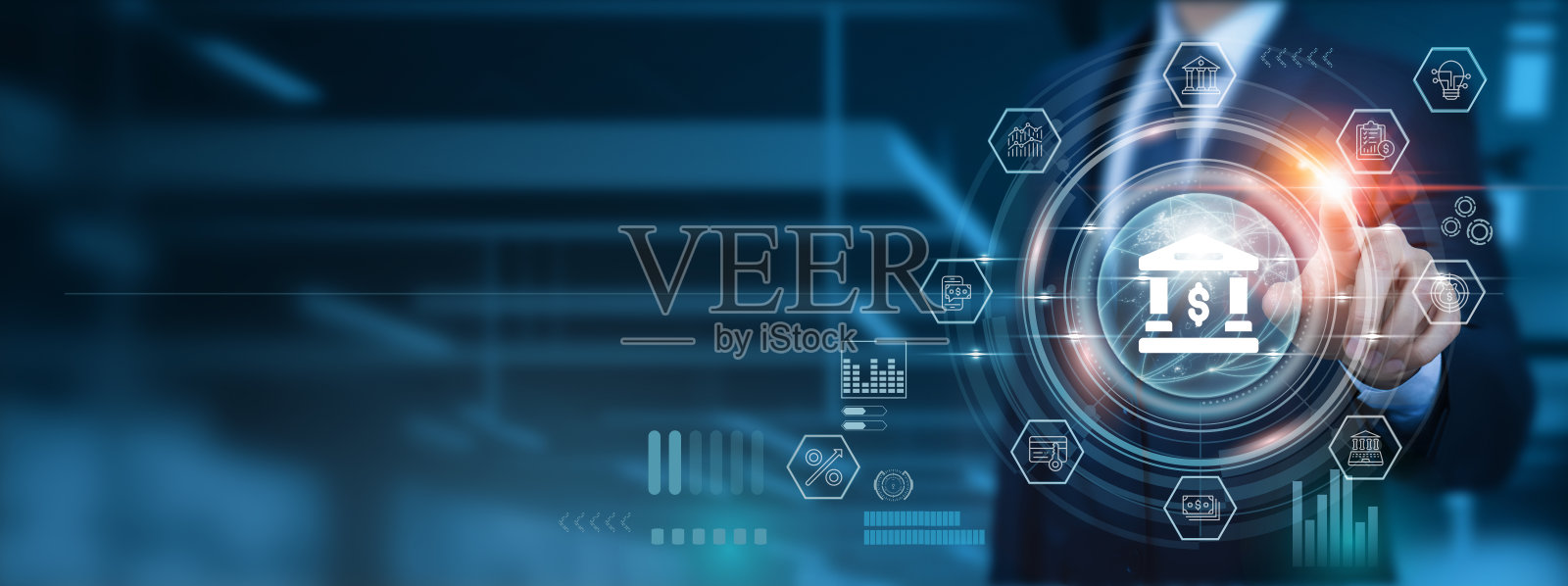 网上银行变革：创新商人指向具有数字技术的图标，在不断发展的网上银行领域中进行金融发展战略，全球网络整合照片摄影图片