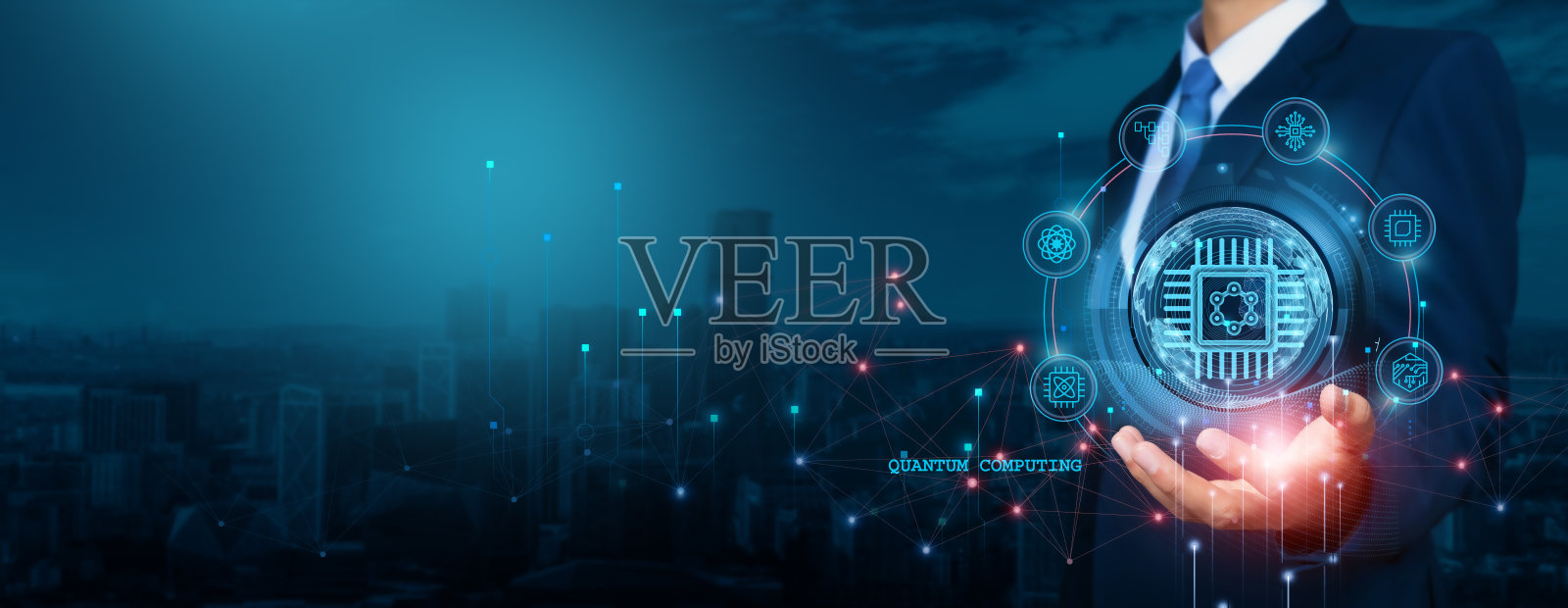 商人分析量子计算增长趋势和公司采用，制定目标市场的量子战略和应用。量子数据安全分析与计算。照片摄影图片