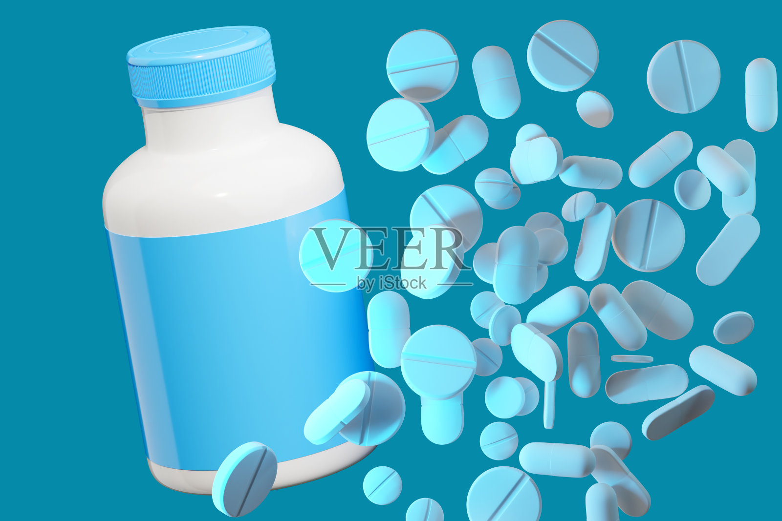 药房买的药。绿松石上的药物胶囊。药理物质。装药片的塑料瓶。用药片包装。药店广告模板。制药行业。止痛药,止痛药。三维图像照片摄影图片