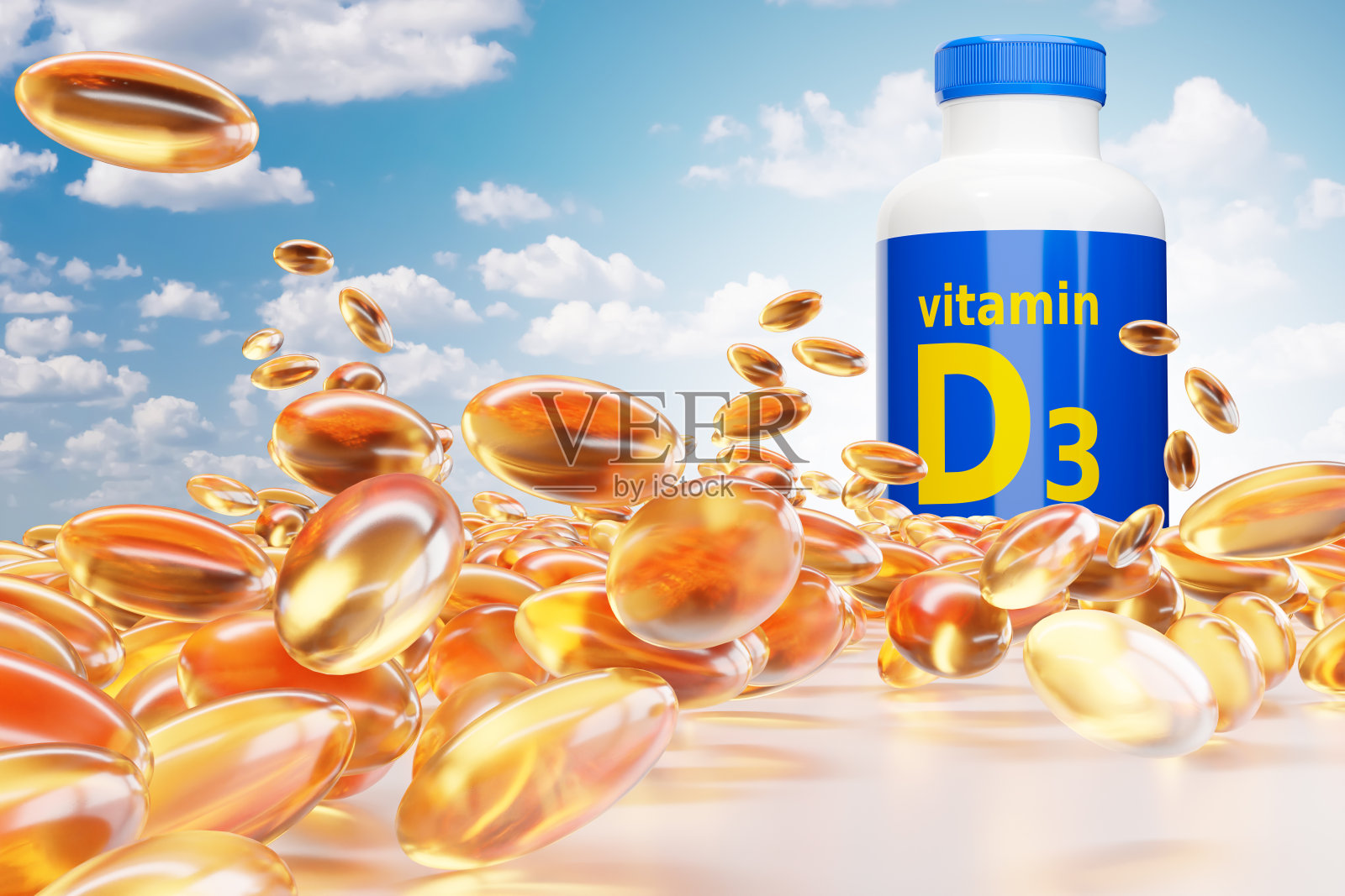 维生素D3组。背景天空上的黄色药丸。包装上有D3标志。抗体内维生素缺乏的药片。生物活性物质。维生素D3可以预防疾病。三维图像照片摄影图片