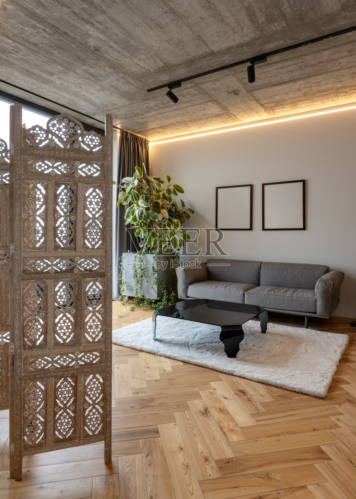 配有沙发，咖啡桌和室内设计的木制房间分隔照片摄影图片