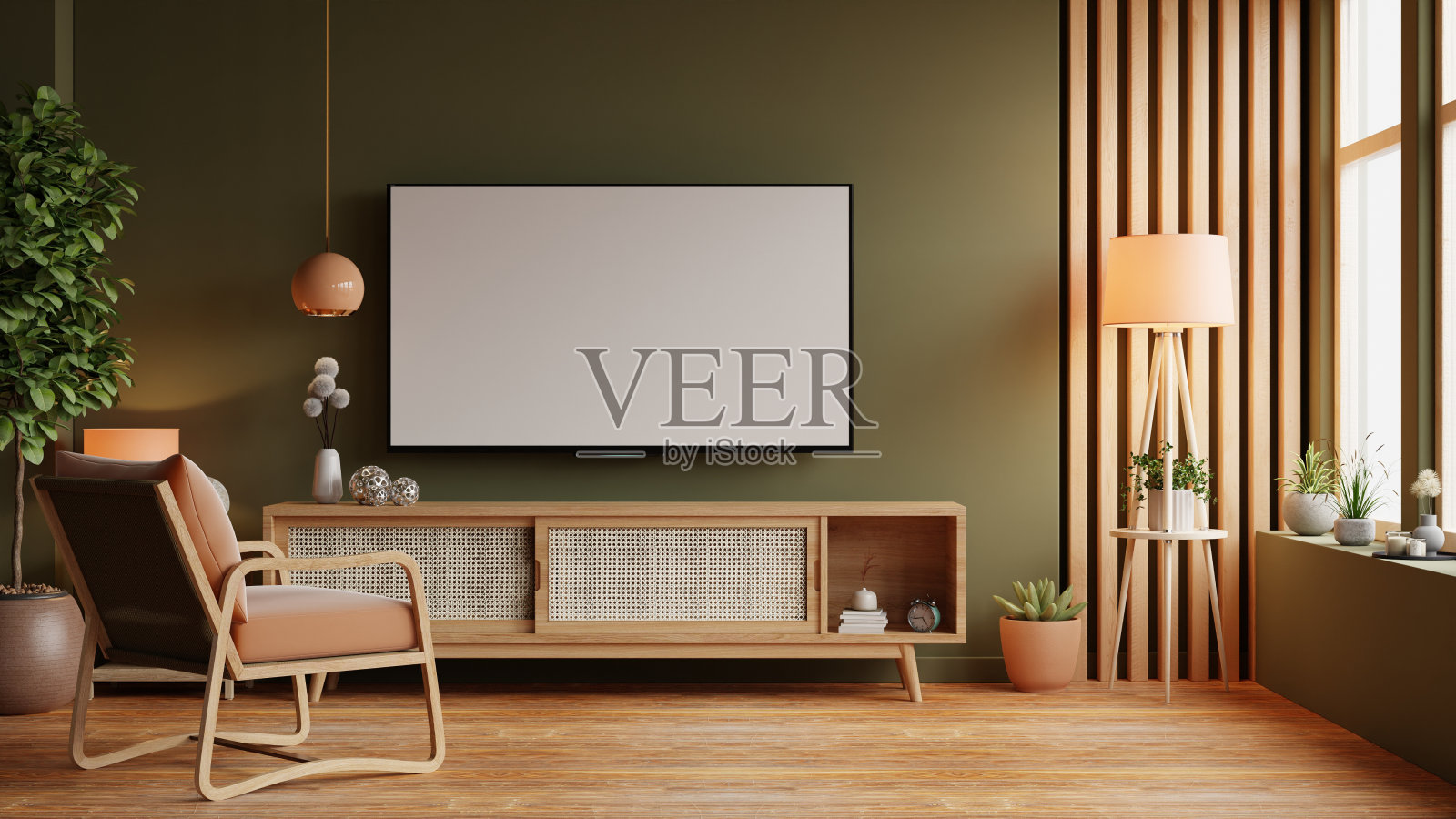 模拟电视墙安装皮革扶手椅在柔和的色调深绿色墙壁- 3D渲染照片摄影图片