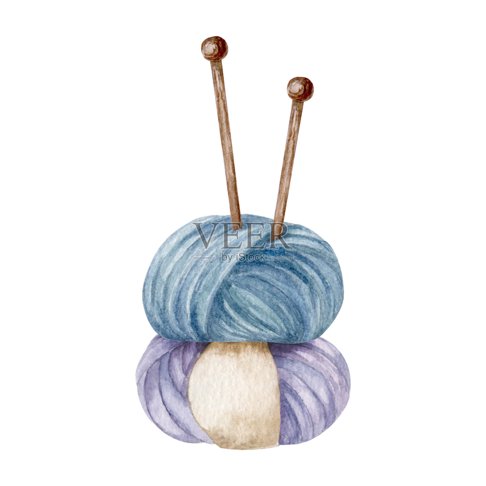 纱线球和单尖针组成，手绘，水彩插图插画图片素材