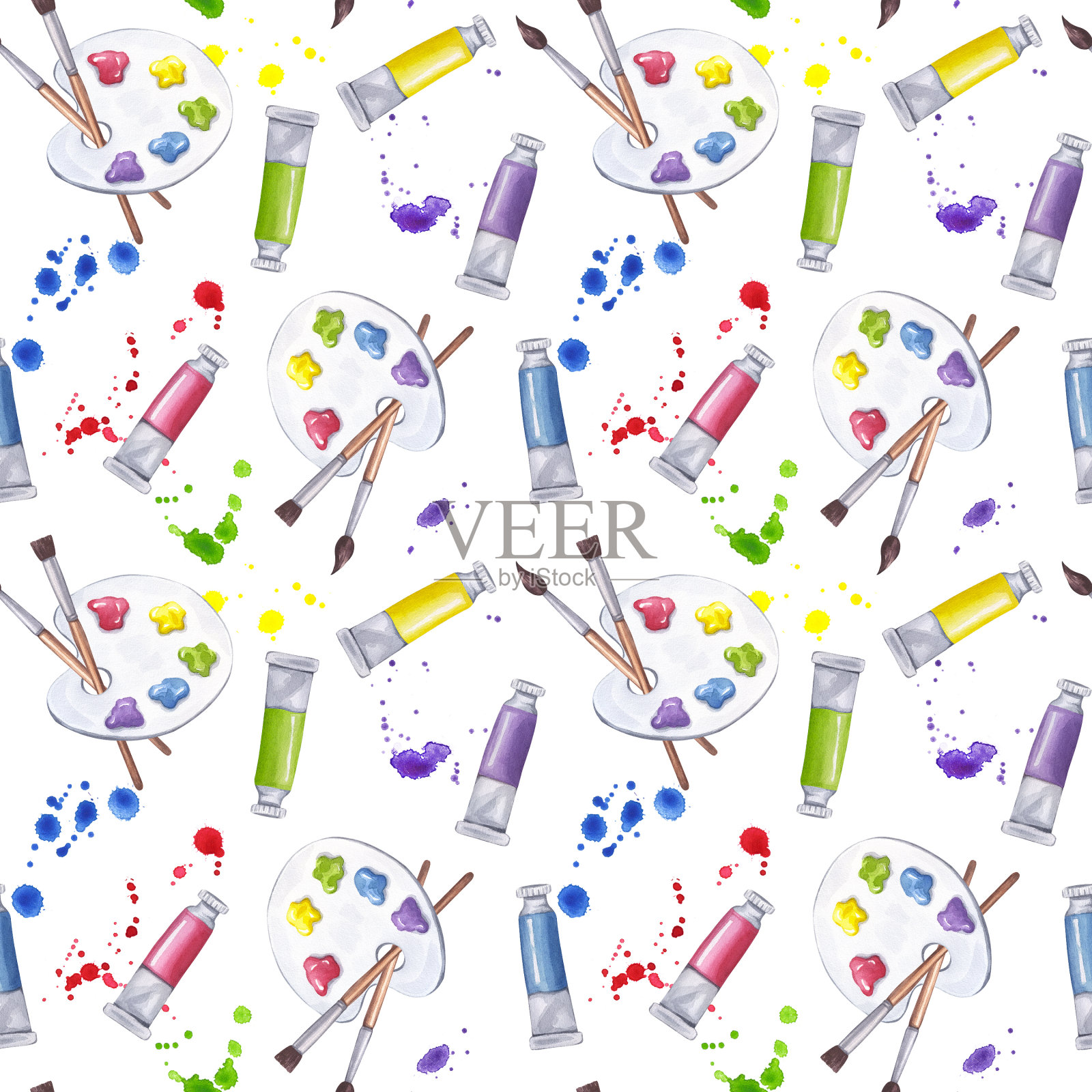 无缝图案艺术供应彩色颜料调色板，画笔管，小瓶蛋彩画，水粉。墨水溅出点来。手绘水彩插图孤立的背景。用于纺织、印刷插画图片素材