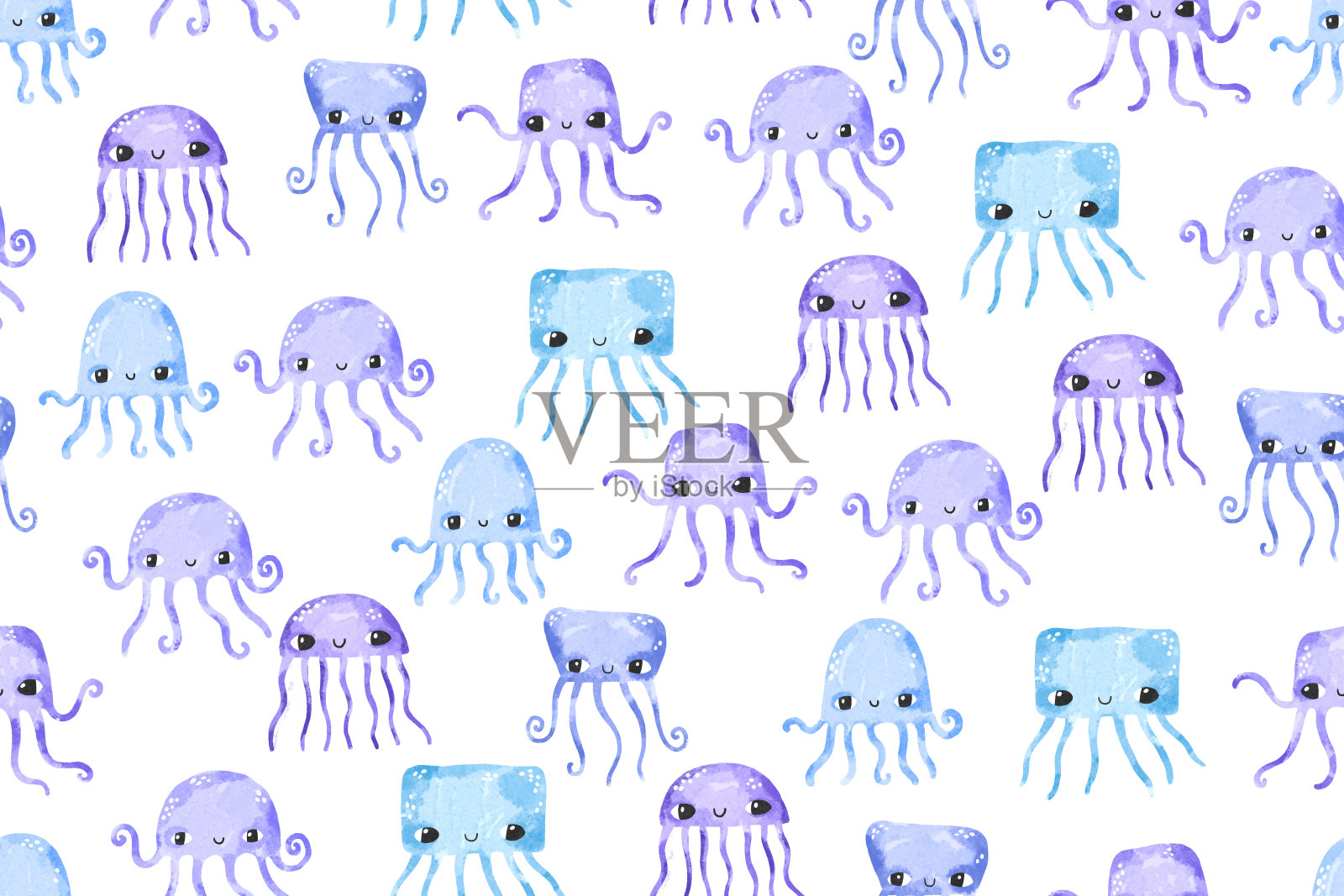 蓝色水母的无缝图案。海底世界和海洋动物。儿童背景。适用于纺织品、包装纸、儿童房插画图片素材