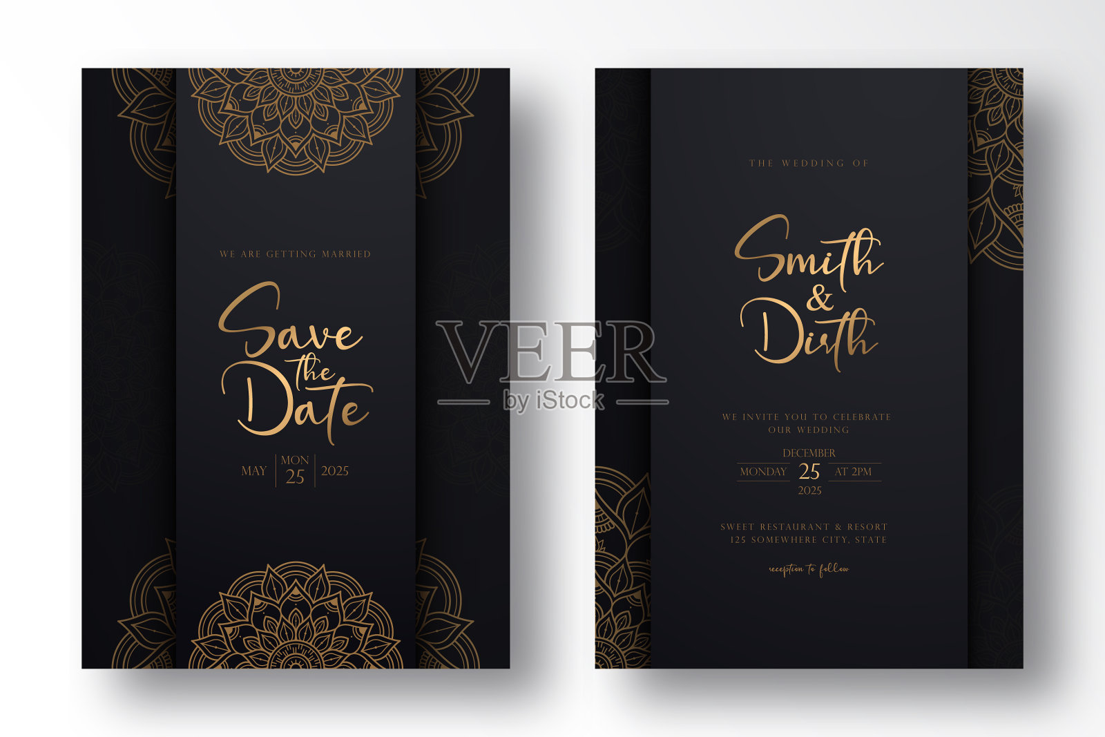 婚礼邀请卡模板设计线条艺术风格插画图片素材