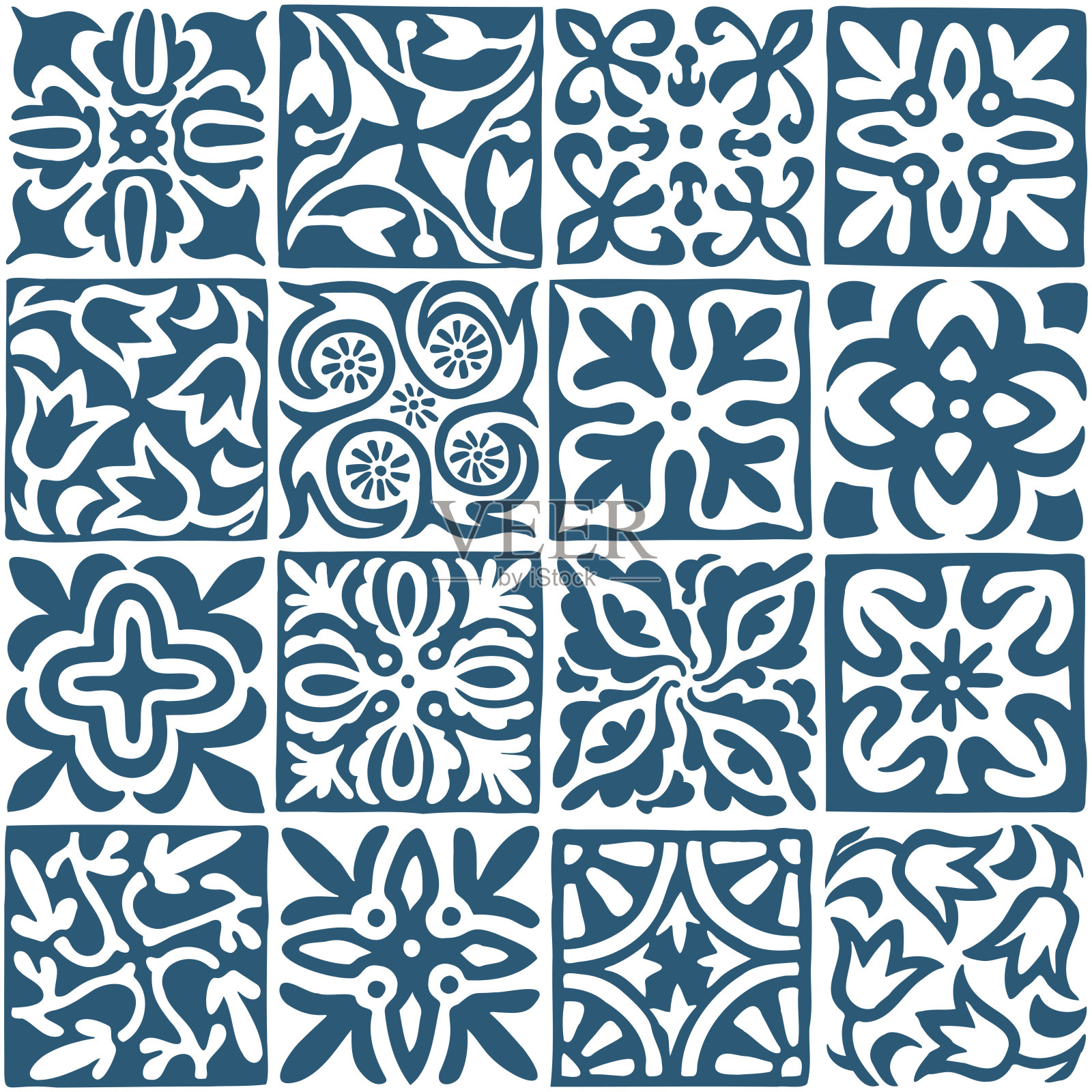 蓝白无缝瓷砖图案。插画图片素材