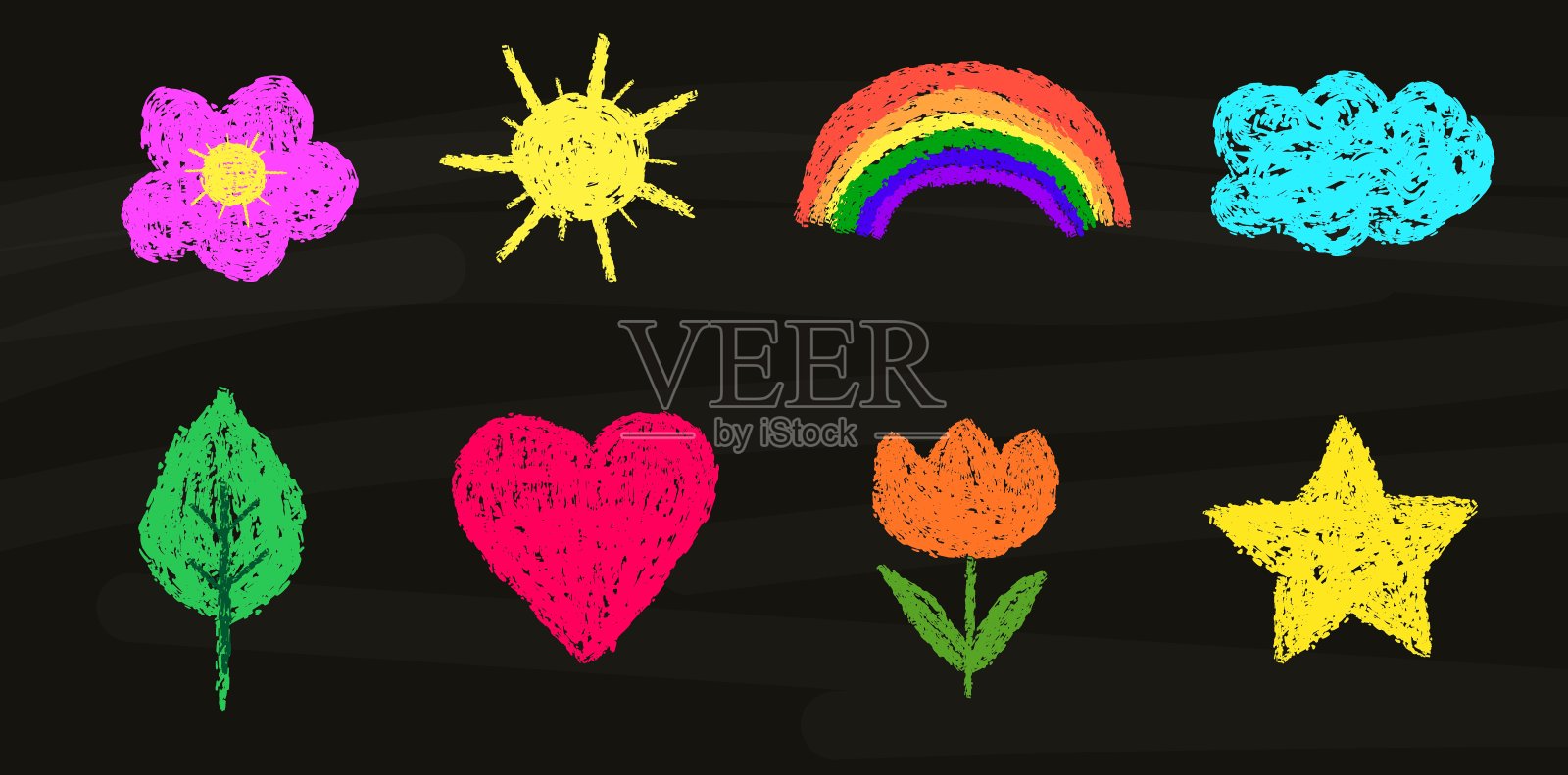 一套儿童艺术与蜡笔纹理画在黑板上插画图片素材