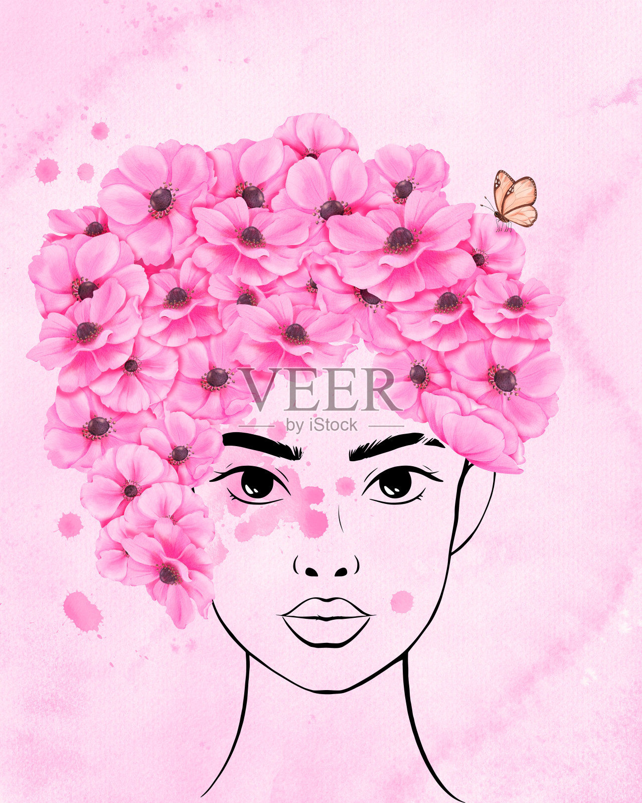 水彩的海报。一个美丽的年轻女子的线条肖像。粉色海葵花发型，点缀蝴蝶和精致的水彩画，象征着活力和灵感插画图片素材