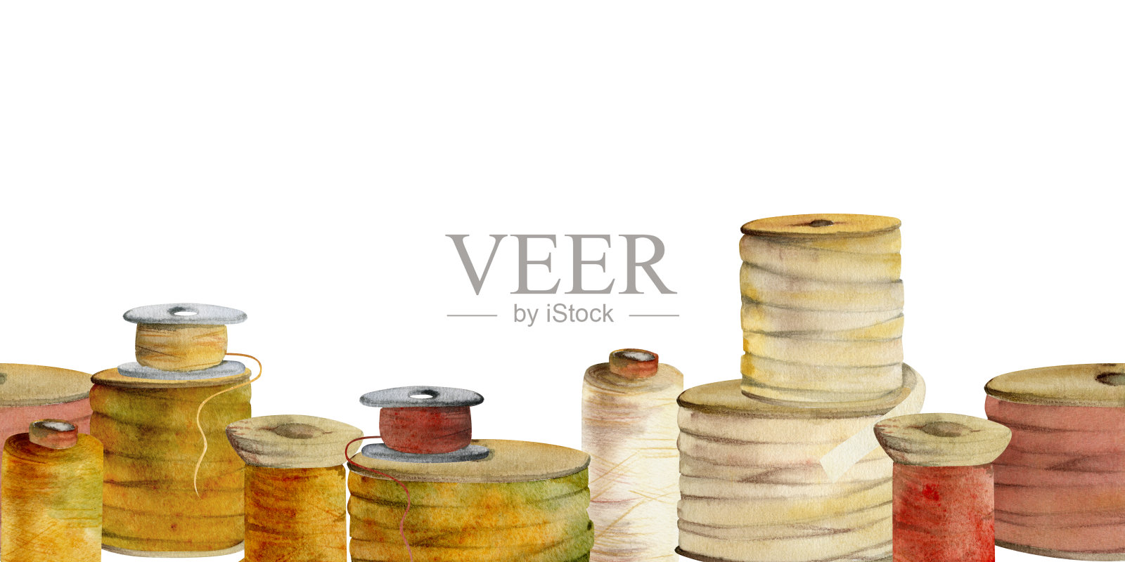 手绘水彩插画缝纫工艺刺绣用品。缎带花边线、丝线、绞纱、线轴。无缝横幅隔离在白色背景。设计工作室，裁缝，爱好商店插画图片素材