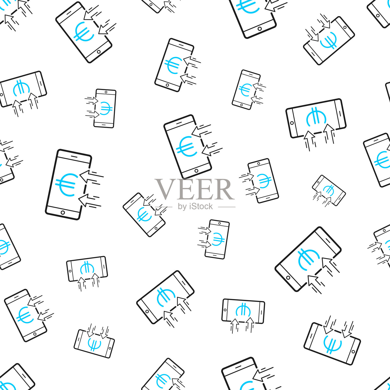 用智能手机接收欧元。无缝模式。白色背景上的线条图标插画图片素材