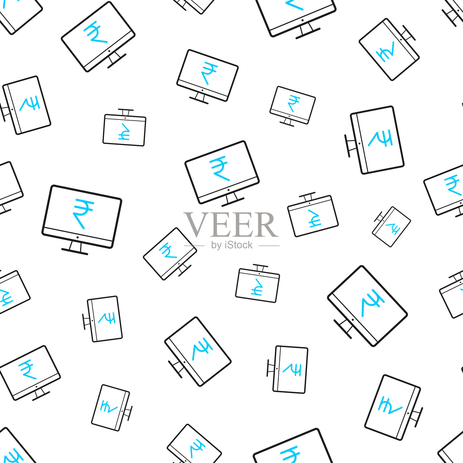 带有印度卢比标志的台式电脑。无缝模式。白色背景上的线条图标插画图片素材