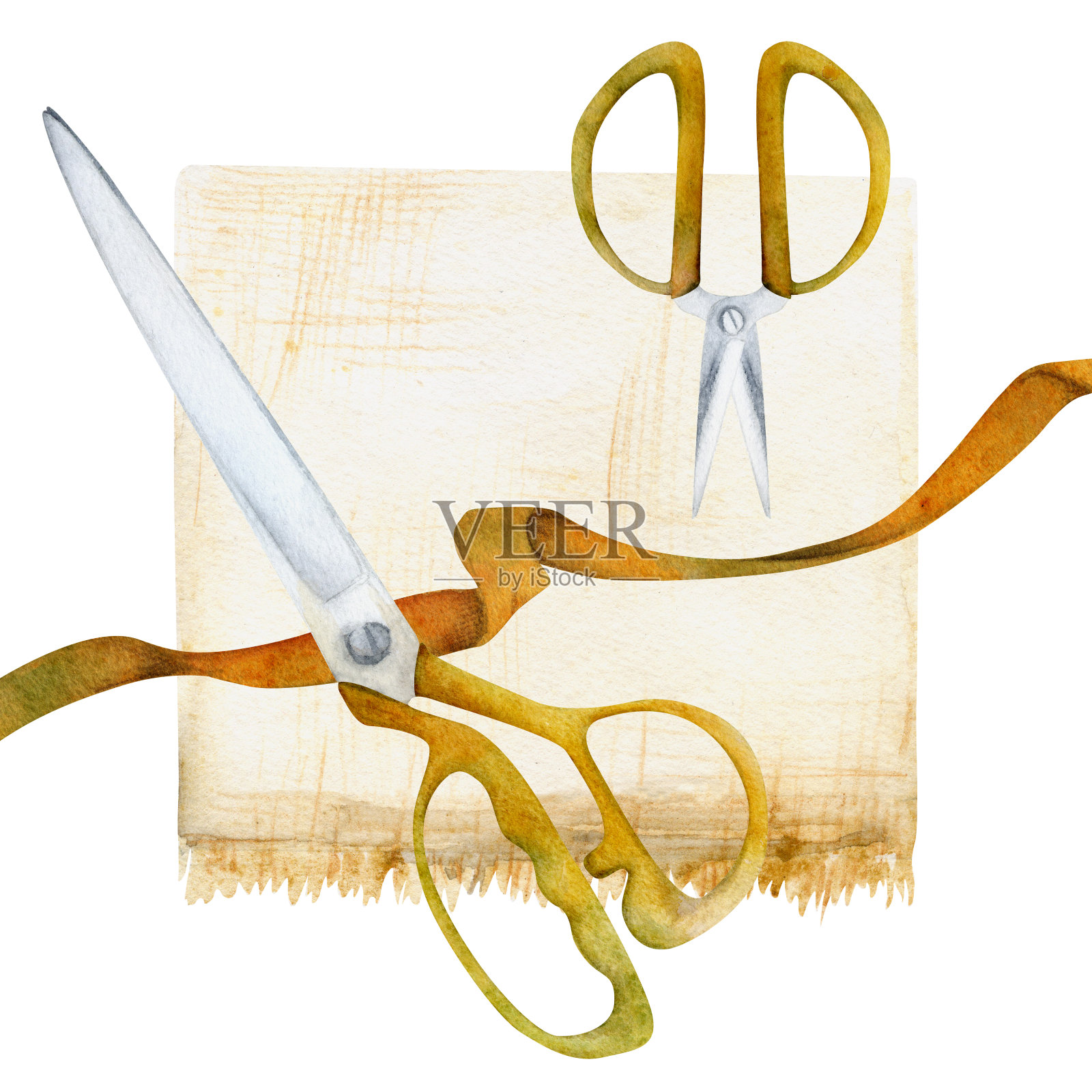 手绘水彩插画缝纫工艺刺绣用品。天然布片用布剪、织带。在白色背景上孤立的构图。设计工作室，裁缝，爱好商店插画图片素材