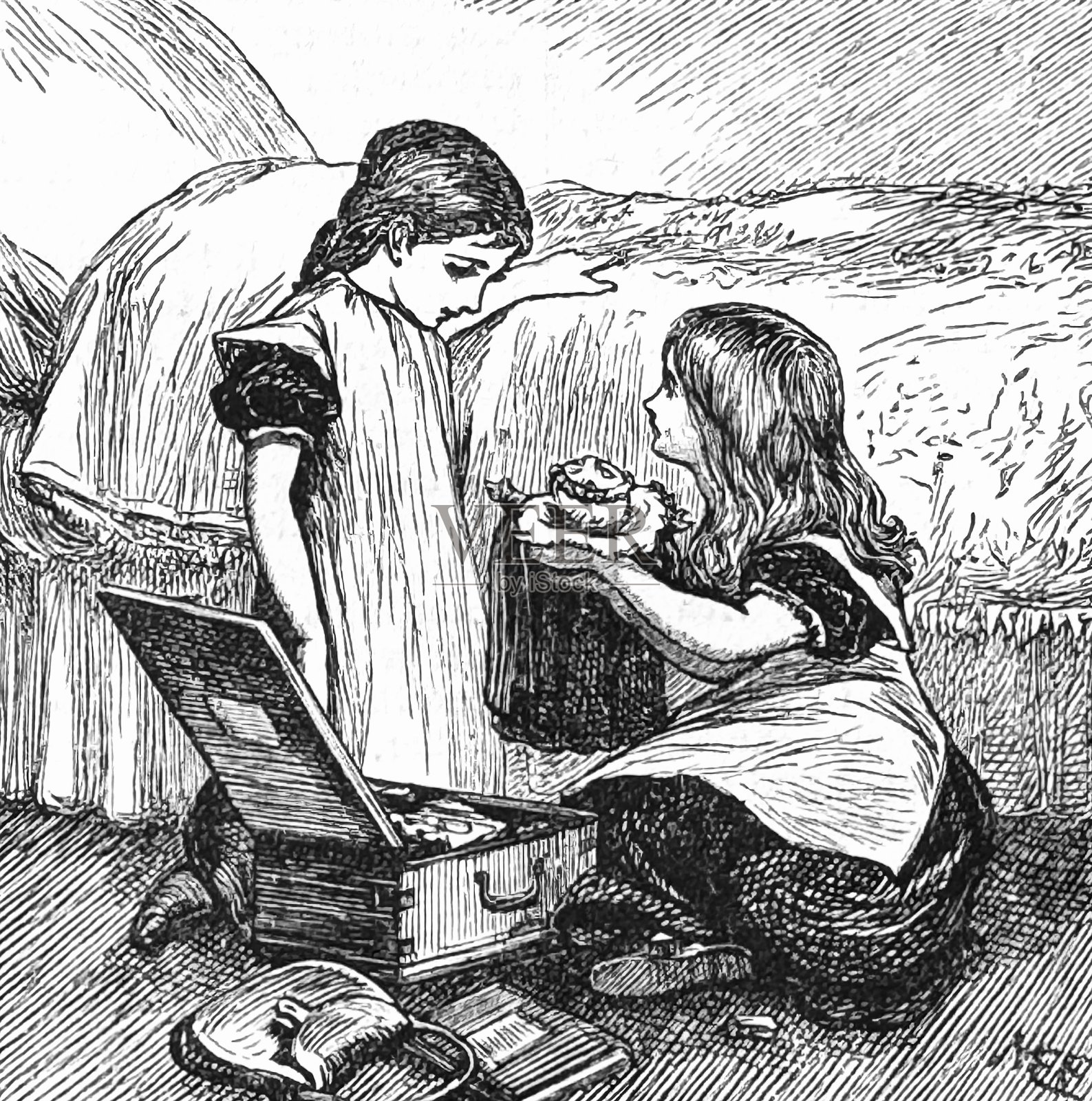 女孩向另一个女孩展示她漂亮的洋娃娃，打开的行李箱，背景是床插画图片素材